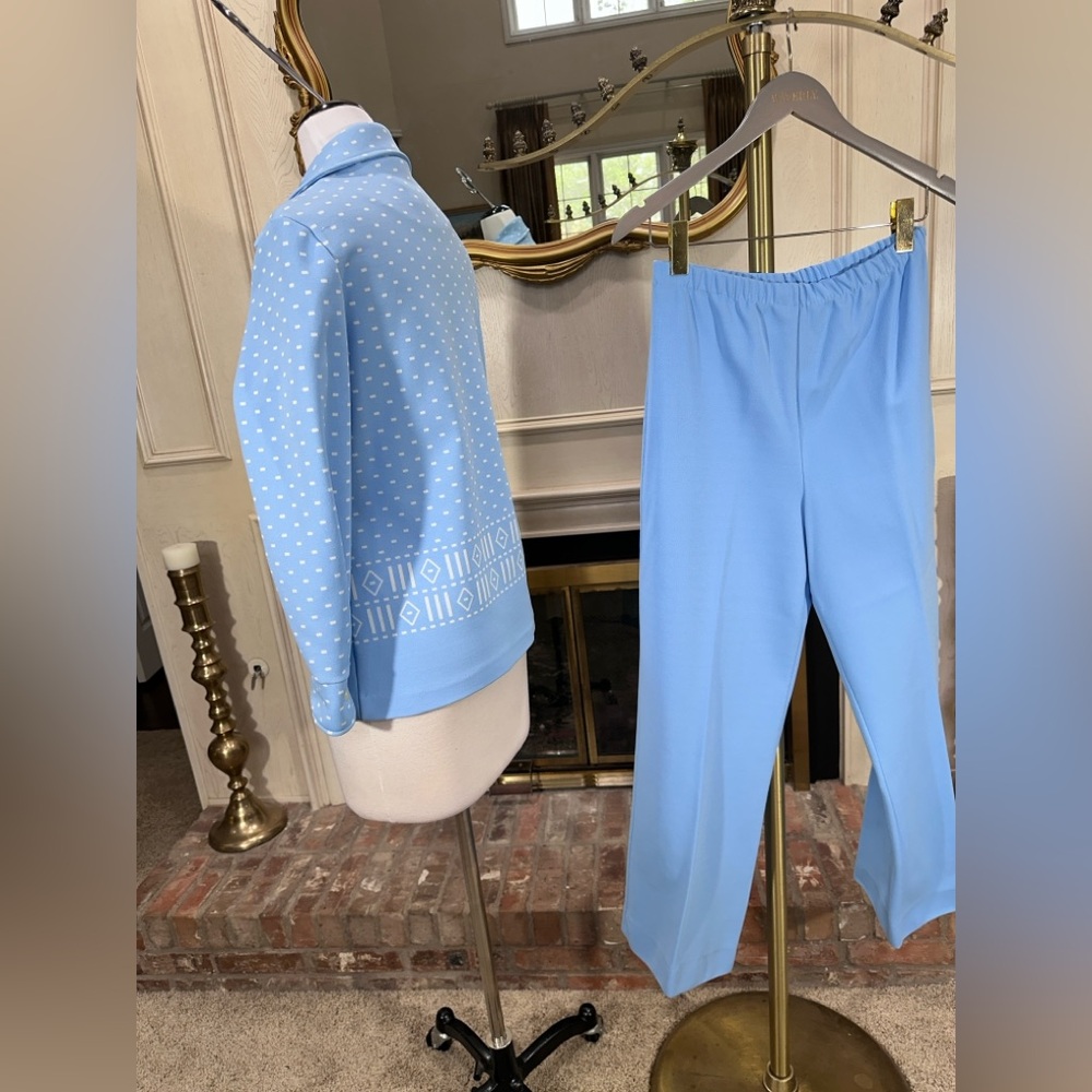 VTG 70s Bodin Knits Blue Mod Pantsuit Setβ Top Pants Geometric M Disco - Picture 2 of 10